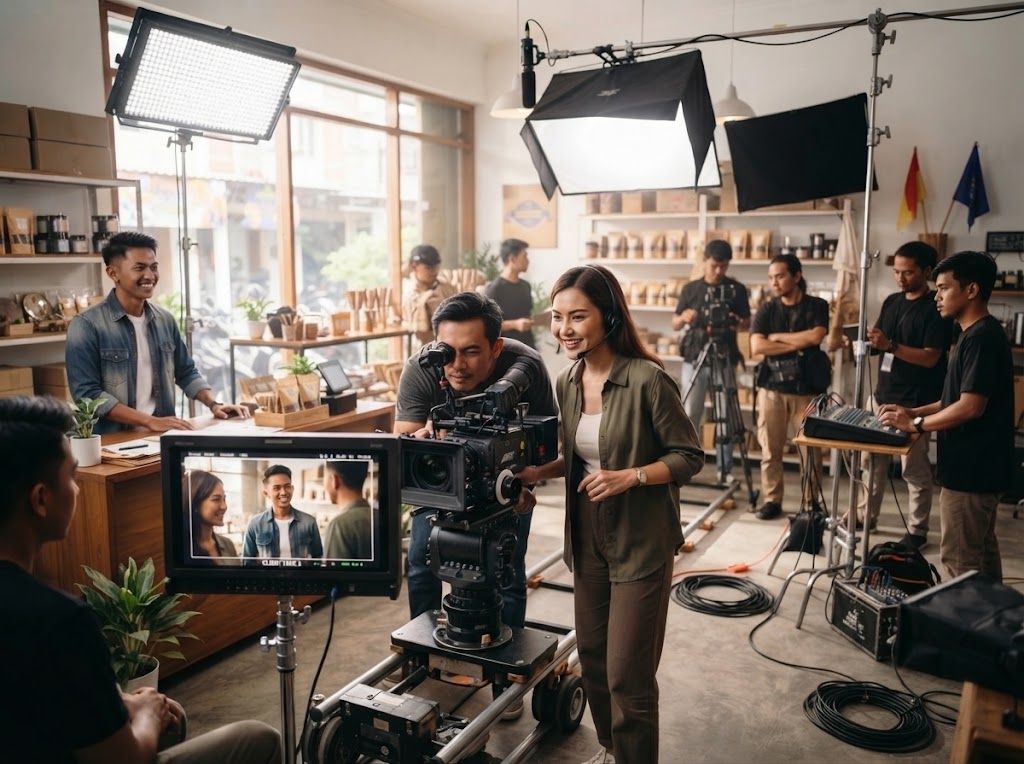 Behind the scene syuting iklan dengan kamera, lighting, dan kru