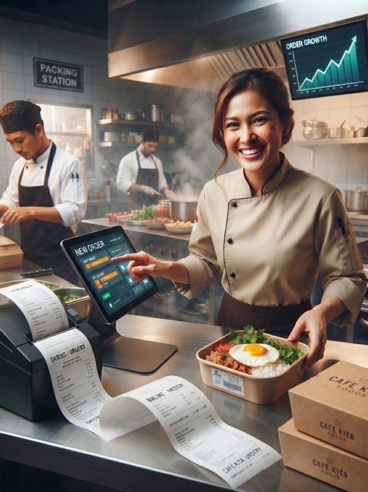 Pemilik usaha kuliner tersenyum mengemas pesanan online di dapurnya