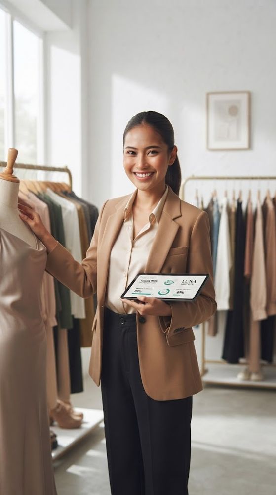 Pemilik butik fashion tersenyum di antara koleksi pakaiannya