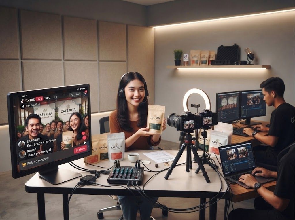 Host live shopping memamerkan produk kopi di studio